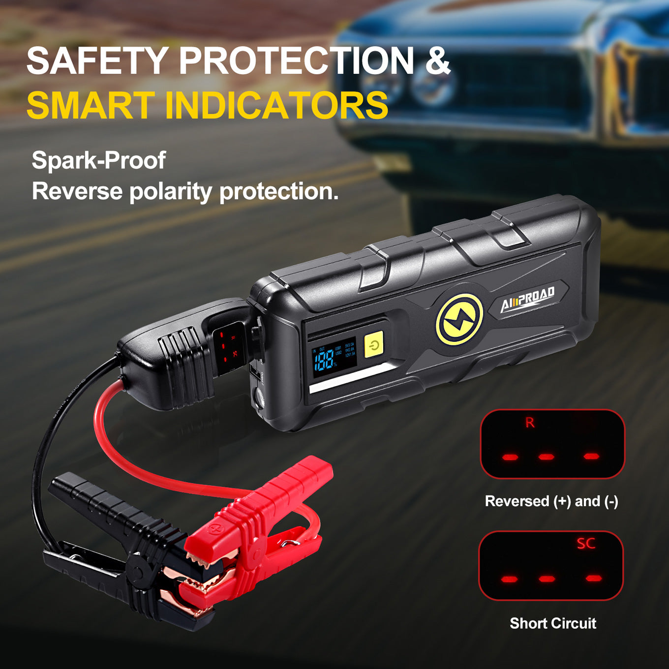 AMPROAD car battery jump starter with short circuit and reversed connection protection
