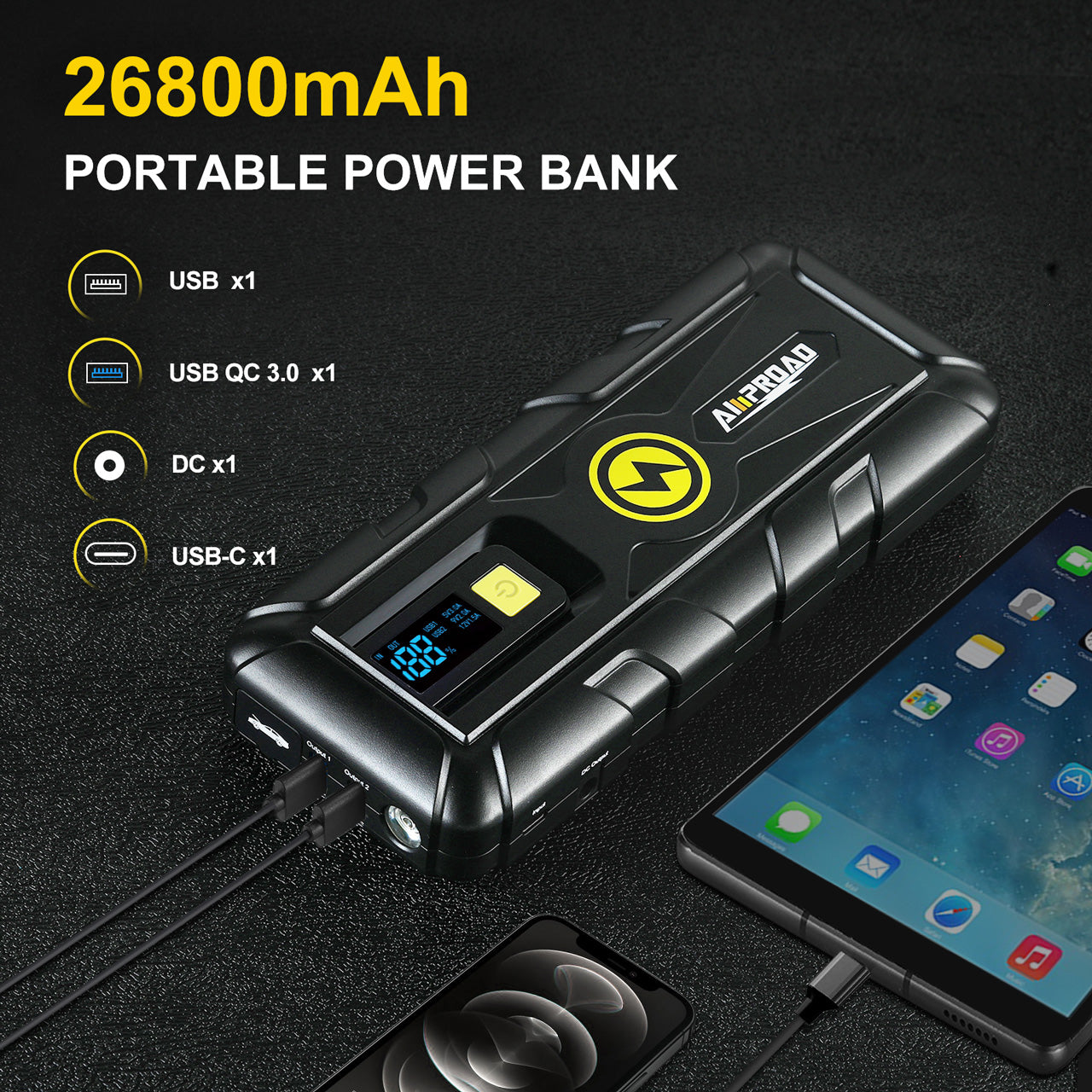 AMPROAD portable car jump starter with high capacity battery 26800mAh
