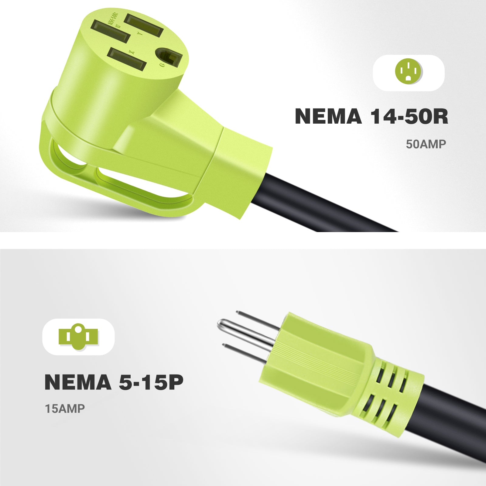 NEMA 5-15P to 14-50R 110V plug and receptacle detail